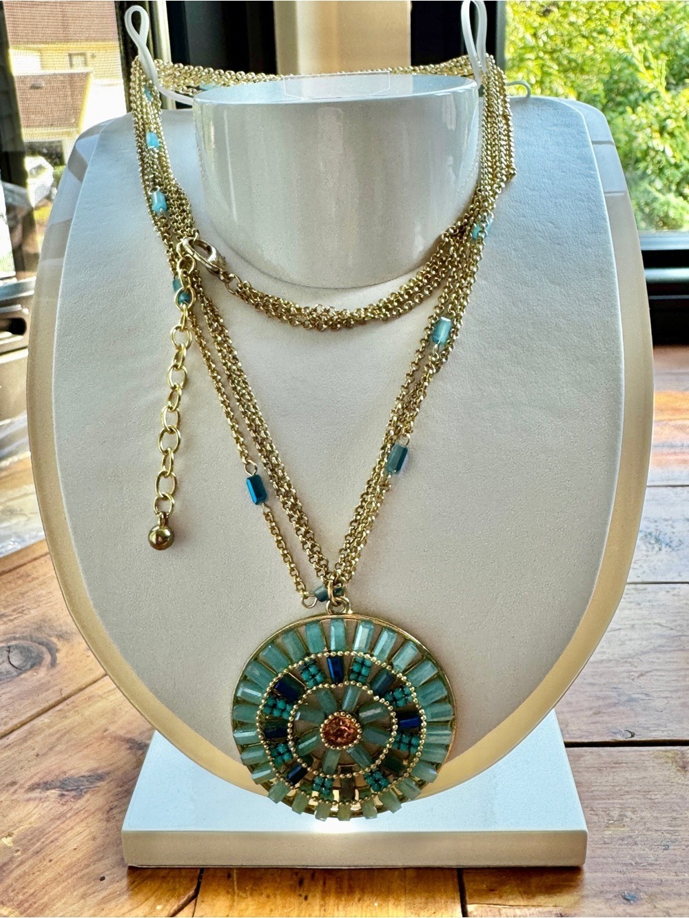 Gold Multi-Chain Necklace with Turquoise and Blue Medallion